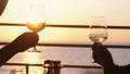 People holding glass of wine, making a toast over sunset. Friends drinking white wine, toasting. Clink. Party outdoors Royalty Free Stock Photo