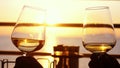 People holding glass of wine, making a toast over sunset. Friends drinking white wine, toasting. Royalty Free Stock Photo