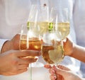 People holding glasses of white wine making a toast Royalty Free Stock Photo