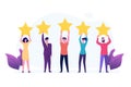 People holding gold rating star. Positive star feedback, Quality assurance survey, Customer review, Quality rating concept.