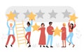 People holding golden stars over heads. Comments rate service, leave feedback consumer, five points score positive