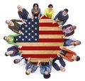 People Holding Hands Around the Table with American Flag Royalty Free Stock Photo