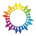 Group of people, connected by holding hands, forming a rainbow circle
