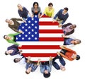 People Holding Hands and USA Flag Conference Table Royalty Free Stock Photo