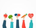 People holding health symbols. Medicine, fruits and vegetables food health care.