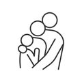 3 People holding, hugging, embracing eachother. Father, mother, son or daugther. Vector thin line icon illustration for concepts