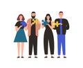 People holding jigsaw puzzle flat vector illustration. Business team collaboration, employees coworking metaphor