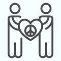 People holding love and peace symbol line icon. Antiwar and love symbol vector illustration isolated on white. People