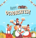 People holding mugs and playing musical instruments celebrating beer festival Oktoberfest party celebration Royalty Free Stock Photo