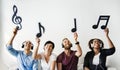 People holding musical notes icons