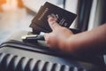 People holding passports, map for travel with luggage for the trip Royalty Free Stock Photo