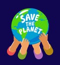 People holding planet Earth. Hands hold globe of world. Environment, ecology, nature conservation concept