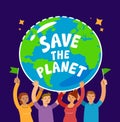 People holding planet Earth. Hands hold globe of world. Environment, ecology, nature conservation concept vector Royalty Free Stock Photo