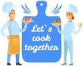 People holding plates with ready-made meals near cutting board with inscription let's cook together