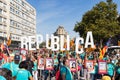 People holding `Republica` word and banners claiming the freedom for some exiled and prisioner Catalan politicians. Independentist