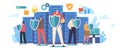 People Holding Shields Protect Server Or Hard Disks. Concept Of Secured Database, App Or Online Service For Safe Storage