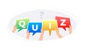 People holding speech bubbles forming quiz word with question mark Royalty Free Stock Photo