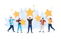 People are holding stars, giving five star Feedback. Clients choosing satisfaction rating and leaving positive review.