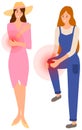 People holding their sore knee and elbow. Sad women suffering from pain in joints of arm and leg