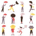 People holding umbrella. Male and female fall characters with umbrellas, rainy day stroll vector illustration set Royalty Free Stock Photo