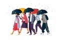 People holding umbrella, walking under the rain. Man and woman autumn characters vector illustration. Royalty Free Stock Photo