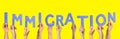 People holding word IMMIGRATION made of cardboard letters on background. Banner design Royalty Free Stock Photo