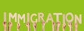 People holding word IMMIGRATION made of cardboard letters on background. Banner design