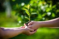 People holding young plant in hands against green spring background. Earth day ecology holiday concept Royalty Free Stock Photo