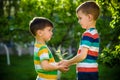 People holding young plant in hands against green spring background. Earth day ecology holiday concept Royalty Free Stock Photo