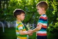 People holding young plant in hands against green spring background. Earth day ecology holiday concept Royalty Free Stock Photo