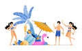 People on holiday to tropical island beach. Tourist enjoying party in beauty maldives beach during summer vacation. Illustration