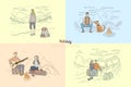 People on holiday vacation, couple camping, friends road trip, backpacking, lonely travelers banner template