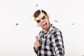 People, holidays and party concept - Funny man with crazy face over white background Royalty Free Stock Photo