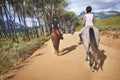 People, horse and hobby for horseback riding in texas, rider and sport training in countryside. Farm, rural and nature Royalty Free Stock Photo