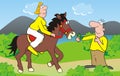 People and horse on the trip, funny vector illustration