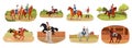 People horseback. Instructor lesson ride on horses female equestrian, man rider sitting jump horse, jockey rushing aim Royalty Free Stock Photo