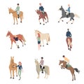 People on horseback. A rider on a horse. Horse breeds color flat icons set. Royalty Free Stock Photo