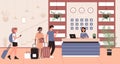 People in hotel reception vector illustration, cartoon flat happy tourist characters talking with hotelier receptionist