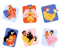 People hug pets square icons, home animals love Royalty Free Stock Photo