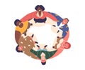 People Hugging Top View. Group Of Characters Forms A Tight Circle, Embracing One Another Vector Illustration