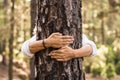 People hugging tree close up nature lover concept lifestyle image - one woman behing a trunk embracing and protect forest woods Royalty Free Stock Photo