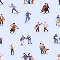 People on ice rink, seamless pattern. Happy characters skating, endless background design. Skaters, families, couples