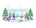 People ice skiing and giving gifts to each other near big words Christmas sale sign. Flat vector illustration