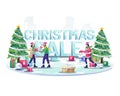 people ice skiing and giving gifts to each other near big words Christmas sale sign. Flat vector illustration