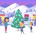 People on Icerink in Decorated Christmas Town Royalty Free Stock Photo