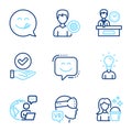 People icons set. Included icon as Approved checkbox, Yummy smile, Support signs. Vector