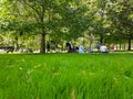 People including family groups seated on grass and walk