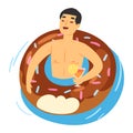 People on inflatable mattress vector party man character in swimsuit on floating doughnut in swimming-pool illustration Royalty Free Stock Photo
