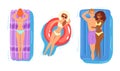 People on inflatable mattress vector woman man characters in swimsuit on floating doughnut in swimming-pool illustration Royalty Free Stock Photo