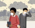 People inhaling smog flat vector illustration. Industrial emissions, co2 negative health influence, polluted city with